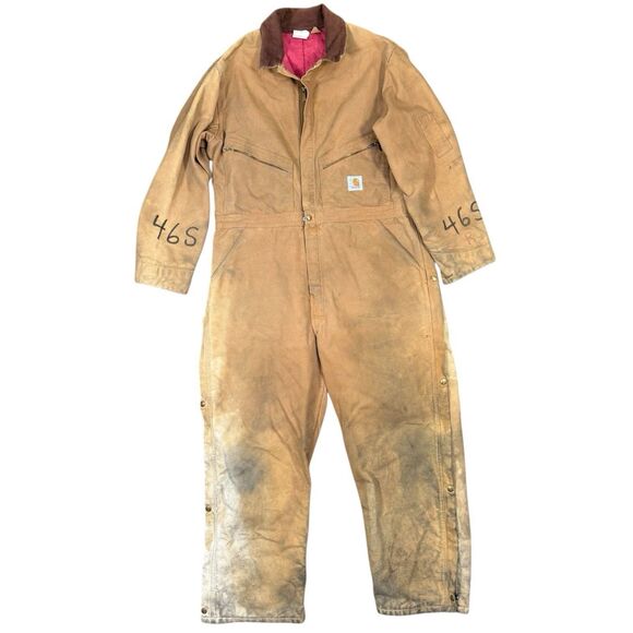 Vtg Carhartt 996QZS Duck Canvas Insulated Coveralls Men’s Size 46S USA Thrashed - Picture 1 of 13